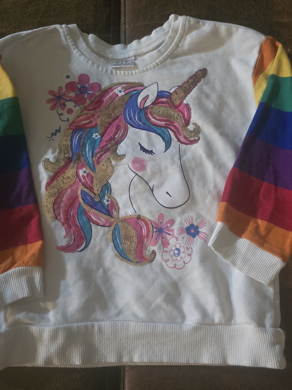 Girls White Unicorn Sweatshirt with Rainbow Sleeves